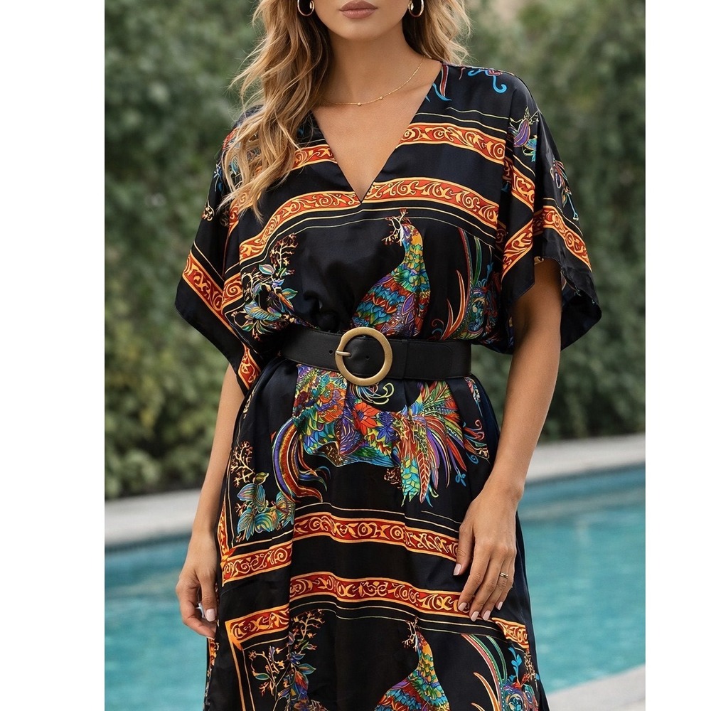 Vintage Peacock Print‎ Caftan Boho Kaftan OS Silky Lounge Resort Festival Dress